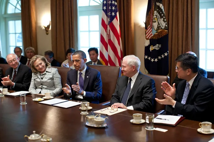 Framed Print : Defense Secretary Robert Gates receives cabinet applause after assassination of Osama Bin Laden. May 3, 2011. In center are Hillary Clinton, Barack Obama, and Gates Framed Print : Defense Secretary Robert Gates receives cabinet applause after assassination of Osama Bin Laden. May 3, 2011. In center are Hillary Clinton, Barack Obama, and Gates