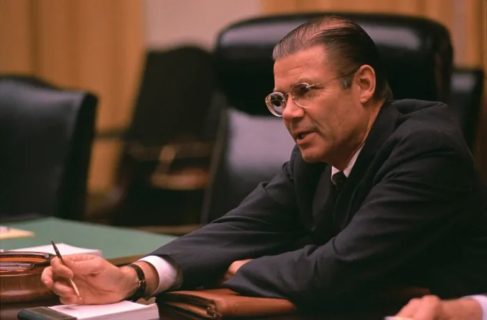 Framed Print : Defense Secretary Robert McNamara speaking in a Cabinet meeting. Nov. 28, 1967
