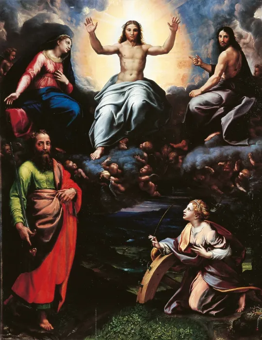 Framed Print : The Deisis with Sts Paul and Catherine, by Giulio Pippi known as Giulio Romano, 1520 about, 16th Century, oil on panel, cm 122 x 98 - Italy, Emilia Romagna, Parma