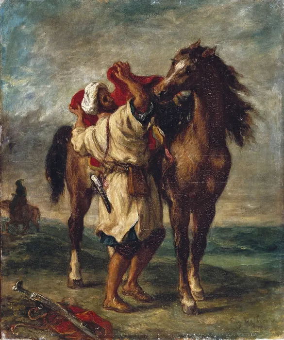 Framed Print : DELACROIX, Eugne (1798-1863). Arab saddling his horse. 1855. Romanticism. Orientalism. Oil on canvas. RUSSIA. Saint Petersburg. State Hermitage Museum