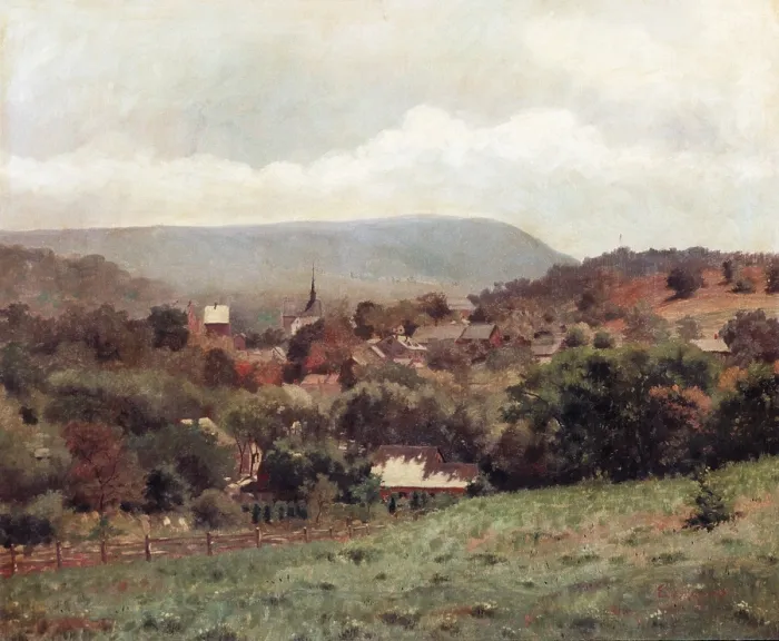 Framed Print : DELAWARE WATER GAP VILLAGE by Louis Michel Eilshemius, by 1886, American painting, oil on canvas. Eilshemius studied art in France and painted this early landscape when he was 22
