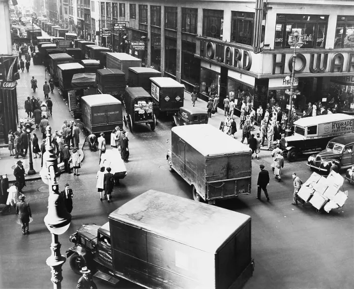 Framed Print : Delivery trucks jamming West 37th Street looking west from 7th Avenue New York City 1945. LC-USZ62-111255