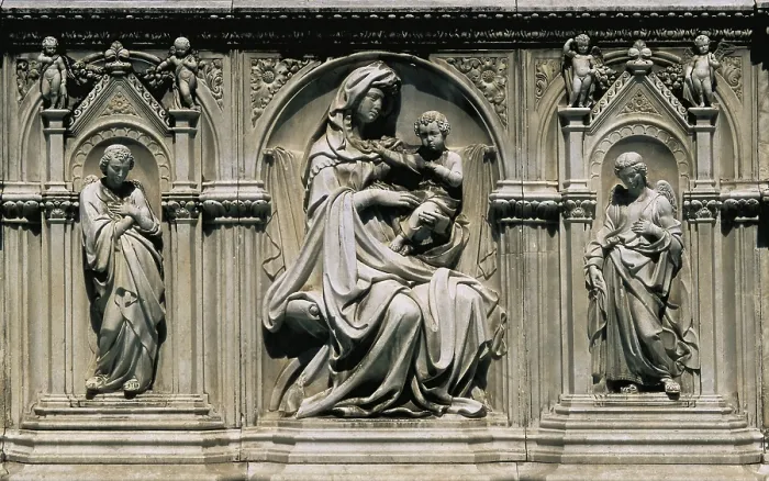 Framed Print : DELLA QUERCIA, Jacopo (1374-1438). Gaia Fountain. 1414-1419. ITALY. Siena. Detail. Renaissance art. Quattrocento. Relief on rock Framed Print : DELLA QUERCIA, Jacopo (1374-1438). Gaia Fountain. 1414-1419. ITALY. Siena. Detail. Renaissance art. Quattrocento. Relief on rock