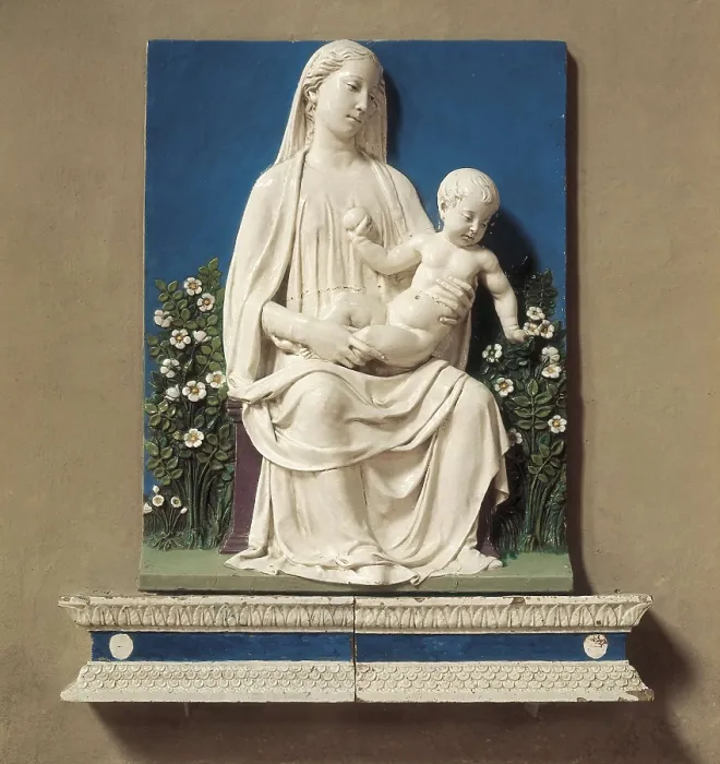 Framed Print : DELLA ROBBIA, Luca (1400-1482). Madonna of Roses. 1450-1455. Renaissance art. Quattrocento. Florentine school. Relief; Terra-cotta. ITALY. Florence. Bargello National Museum Framed Print : DELLA ROBBIA, Luca (1400-1482). Madonna of Roses. 1450-1455. Renaissance art. Quattrocento. Florentine school. Relief; Terra-cotta. ITALY. Florence. Bargello National Museum