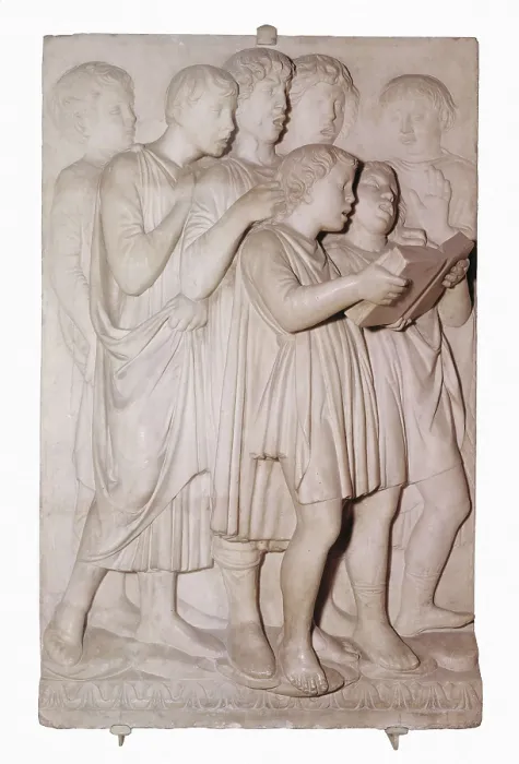 Framed Print : DELLA ROBBIA, Luca (1400-1482). Cantoria. 1431-1438. Detail of a pannel. Renaissance art. Quattrocento. Florentine school. Relief on marble. ITALY. Florence