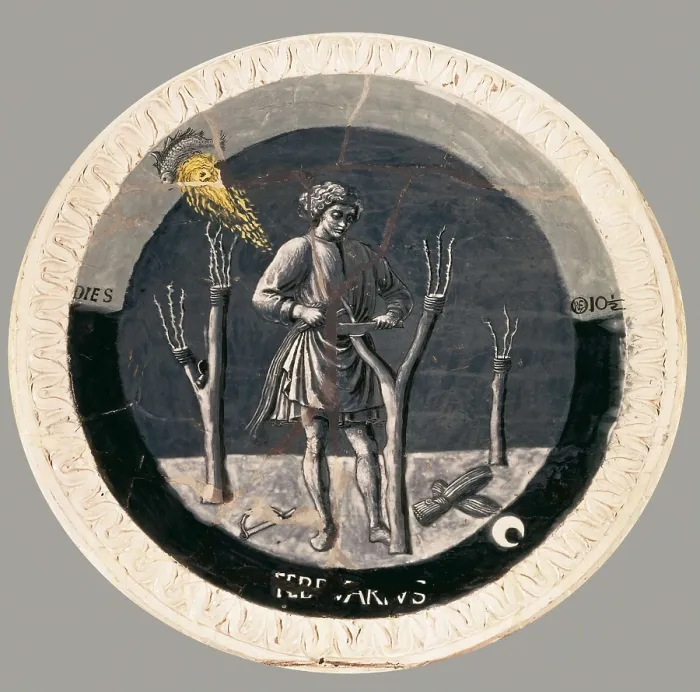 Framed Print : DELLA ROBBIA, Luca (1400-1482). Works of the Months. February. c. 1450-1456. Scene of the prune of trees. Renaissance art. Quattrocento. Florentine school. Terra-cotta