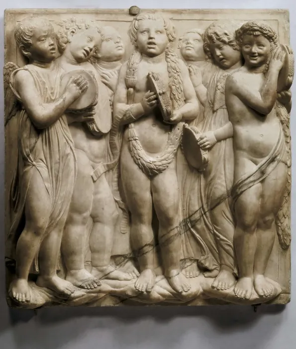 Framed Print : DELLA ROBBIA, Luca (1400-1482). Cantoria. 1431-1438. Detail of the choir singing with tambourines. Renaissance art. Quattrocento. Florentine school. Relief on marble. ITALY Framed Print : DELLA ROBBIA, Luca (1400-1482). Cantoria. 1431-1438. Detail of the choir singing with tambourines. Renaissance art. Quattrocento. Florentine school. Relief on marble. ITALY
