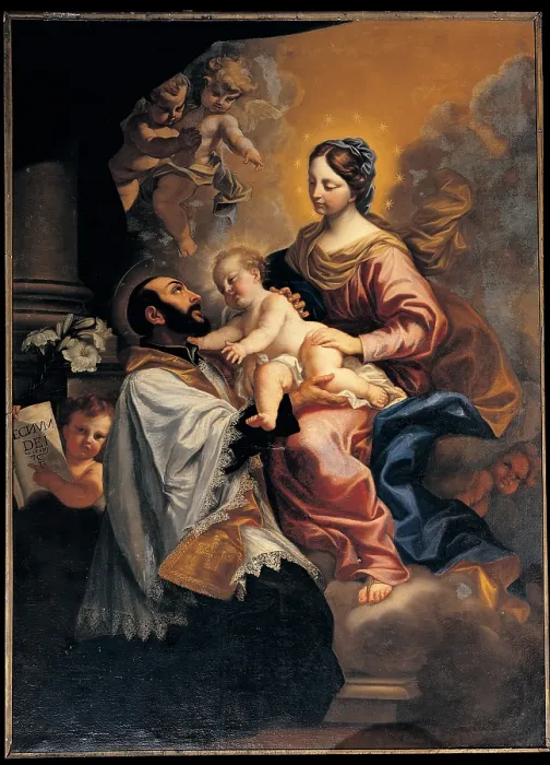 Framed Print : Dellepiane Giovanni Maria know as Mulinaretto, Madonna and Child and St Gaetano Thiene, 18th Century, canvas, Italy, Liguria, Bacezza Genoa
