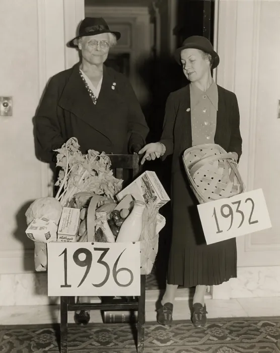 Framed Print : Democratic Party photo for the 1936 re-election campaign of Franklin Roosevelt. It compares an empty grocery basket with one that is abundantly full of food. (BSLOC_2013_5_121)