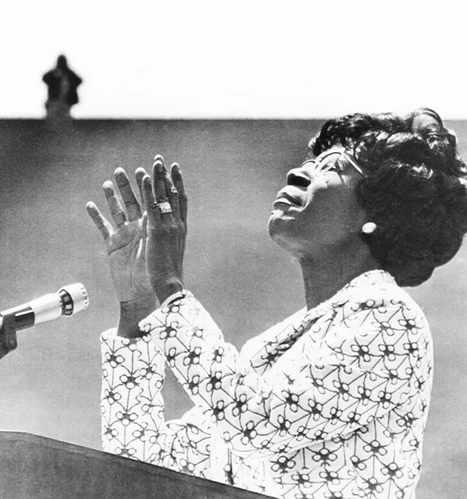 Framed Print : Democratic presidential candidate Shirley Chisholm addresses students at Cal State at Long Beach. June 17, 1972