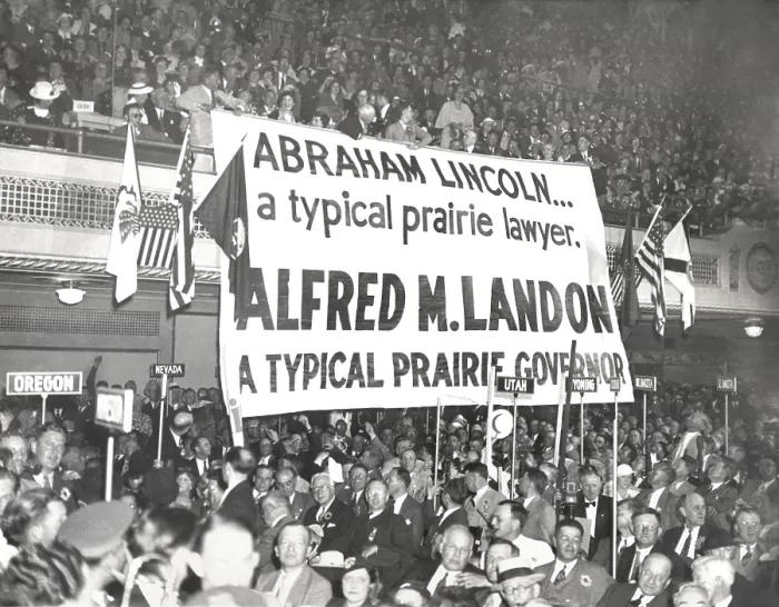 Framed Print : Demonstration for Alf Landon, the 1936 Republican presidential nominee. Public Auditorium, Cleveland, Ohio. June 11, 1936