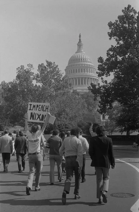Framed Print : Demonstrators with Impeach Nixon sign near the U.S. Capitol in Washington D.C. Oct. 22 1973