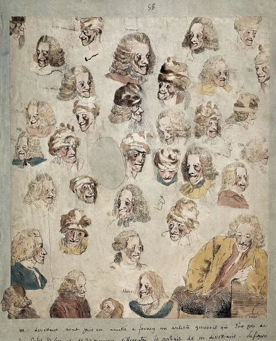 Framed Print : DENON, Dominique Vivant, baron (1747-1825); VOLTAIRE, Franois-Marie Arouet, also known as (1694-1778). Caricatures of Voltaire. Watercolour. FRANCE. Paris
