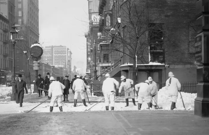 Framed Print : Department Street Cleaning (DSC) workers shoveling snow from New York City streets in Jan. 1908