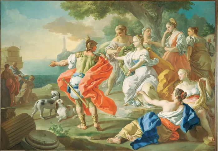 Framed Print : Departure of Aeneas, by Francesco De Mura, 1742, 18th Century, oil on canvas - Italy, Lombardy, Milan, Castello Sforzesco, Civic Collections of Ancient Art. Whole artwork view Framed Print : Departure of Aeneas, by Francesco De Mura, 1742, 18th Century, oil on canvas - Italy, Lombardy, Milan, Castello Sforzesco, Civic Collections of Ancient Art. Whole artwork view
