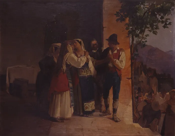 Framed Print : Departure from the Family Home of a Farmer Bride in Another Village (Partenza dalla casa paterna di una contadina fatta sposa in un altro villaggio), by Eleuterio Pagliano, 1855