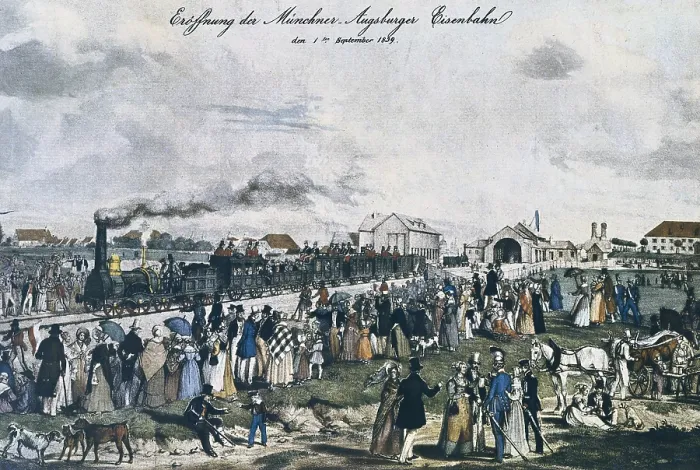 Framed Print : Departure of the first Munich-Augsburg's train (1st September 1839). Engraving. GERMANY. NUremberg. Nuremberg Transport Museum