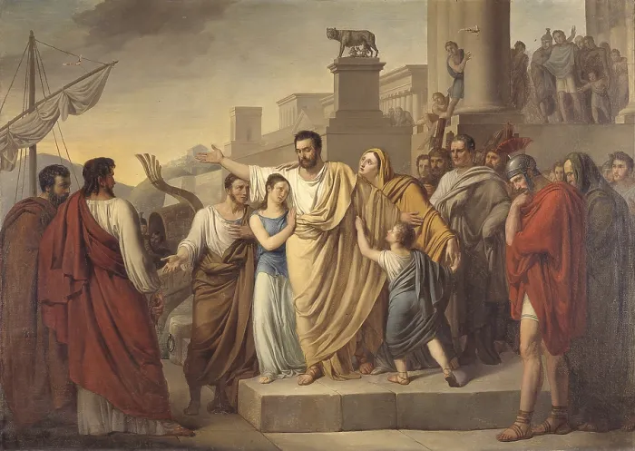 Framed Print : The departure of Regulus to Carthage, by Sigismund Nappi, 1826, 19th century, oil on canvas. - Italy, Lombardy, Milan, Brera Collection. Whole artwork view