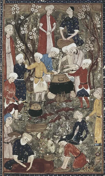 Framed Print : Depiction of a banquet's preparation, illustrating a poem by Hafiz Shirazi. Persian art. Miniature Painting. SYRIA. Damascus. National Museum in Belgrade
