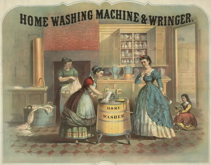 Framed Print : Depiction of a laundress using a washing machine as her employer watches, while in background another woman washes clothes in a simple wash tub