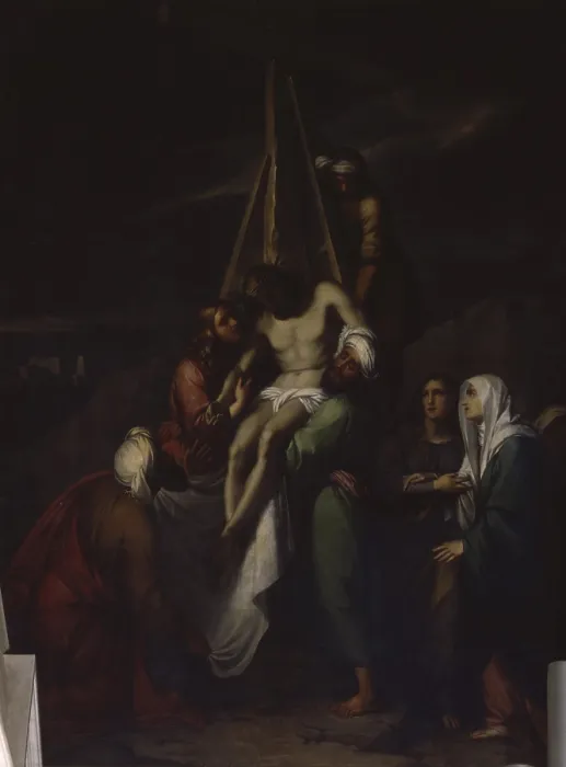 Framed Print : Deposition, by Felice Schiavoni, 1830, 19th Century, oil on canvas - Italy, Veneto, Cornuda, Parrish Church. Whole artwork view
