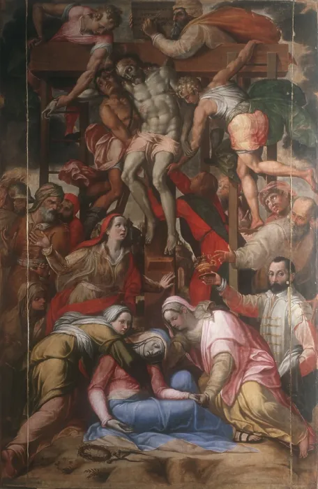 Framed Print : Deposition, by Livio Agresti also known as Ricciutello, 16th Century, oil on board, 308 x 210 cm - Italy, Emilia Romagna, Forl, Civic Collection. Whole artwork view