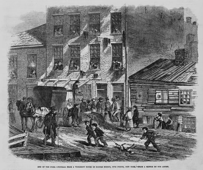 Framed Print : Depressing scene of poverty at Five Points in New York City. People at a tenement house watch men carry out a coffin; in the street, two boys drag a dead dog by one leg Framed Print : Depressing scene of poverty at Five Points in New York City. People at a tenement house watch men carry out a coffin; in the street, two boys drag a dead dog by one leg