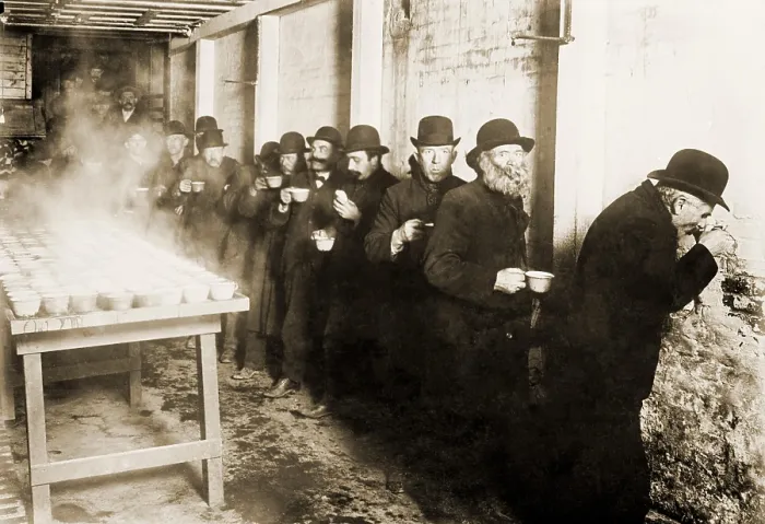Framed Print : Depression of 1907-8 caused widespread hardship. These well groomed, prosperous looking men are in line at a Bowery Mission for free coffee for unemployed. 1908