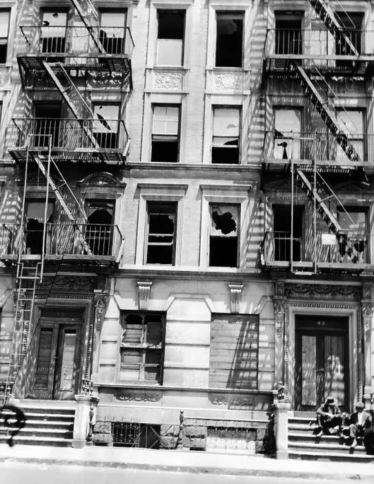 Framed Print : Derelict apartment buildings in New York's Harlem. Even with the post-war housing shortage, many apartment buildings were abandoned and burned out