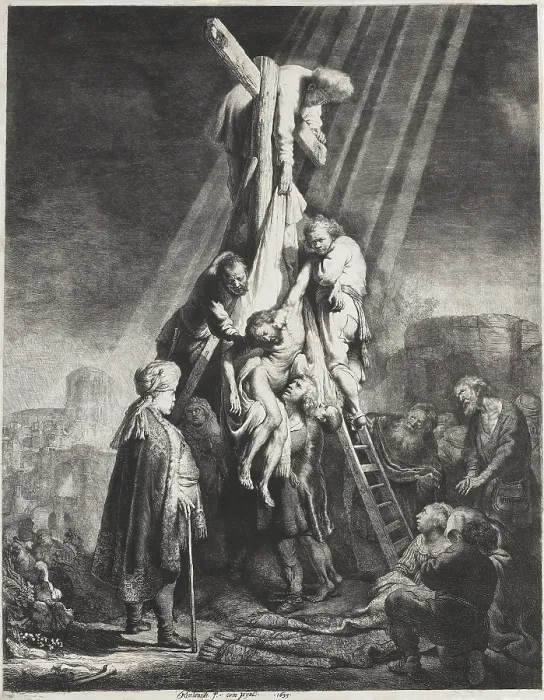 Framed Print : Descent from the Cross, by Rembrandt van Rijn, 1633, Dutch print, etching on paper