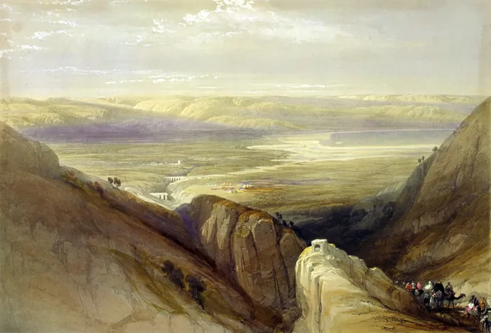 Framed Print : Descent upon the Valley of Jordan, lithograph by Louis Haghe, 1843