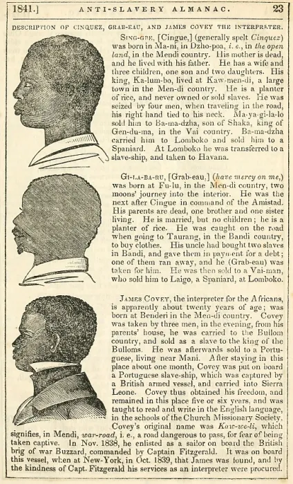 Framed Print : Descriptions of Amistad slave ship captives, from the ANTI-SLAVERY ALMANAC of 1841. Cinque and Grabeau were acquitted of murder charges for killing their captors Framed Print : Descriptions of Amistad slave ship captives, from the ANTI-SLAVERY ALMANAC of 1841. Cinque and Grabeau were acquitted of murder charges for killing their captors