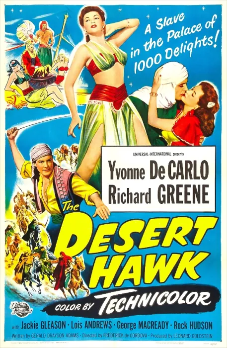 Framed Print : THE DESERT HAWK, US poster, from left: Richard Greene, Yvonne DeCarlo, 1950
