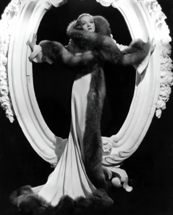 Framed Print : DESIRE, Marlene Dietrich, 1936, formal evening gown designed by Travis Banton