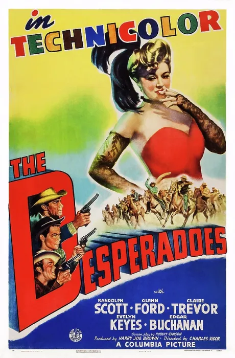 Framed Print : THE DESPERADOES, US poster art, from top right: Claire Trevor, Randolph Scott, Glenn Ford, Guinn Williams, 1943 Framed Print : THE DESPERADOES, US poster art, from top right: Claire Trevor, Randolph Scott, Glenn Ford, Guinn Williams, 1943