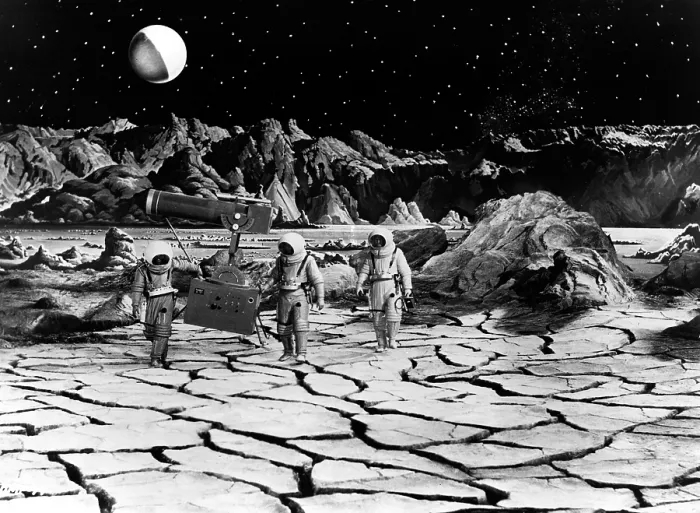 Framed Print : DESTINATION MOON, astronauts explore the lunar terrain, 1950