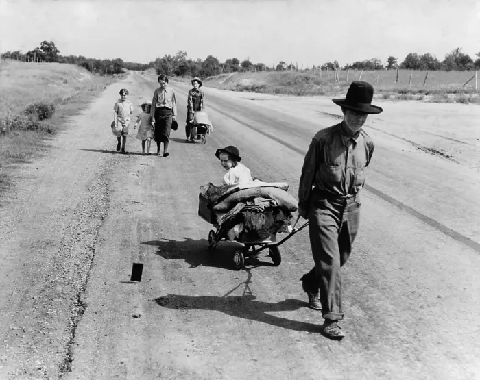 Framed Print : Destitute family walking from Idabel to Krebs, Oklahoma, June 1938. The father lost his tenant farm when ill with pneumonia, was unable to get WPA work, and refused county relief