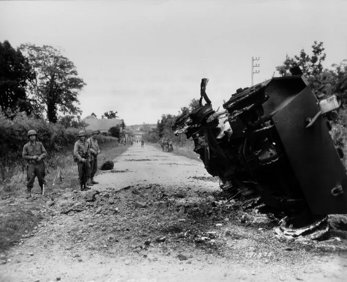 Framed Print : Destroyed U.S. tank at La Haye-du-Puits, Normandy. All crew members except one escaped. July 9, 1944. Normandy Campaign, France, World War 2. (BSLOC_2014_2_99)