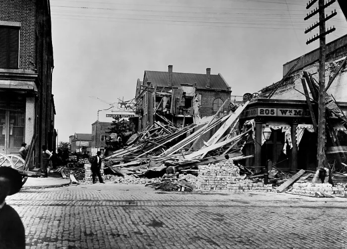 Framed Print : Destruction on East Bay and Cumberland Street, Charleston, after the earthquake of August 31, 1886. William Bird Company building was called the worse wreck in the city