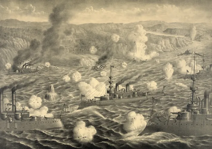 Framed Print : Destruction of Spanish fleet after it left Santiago Bay on July 3, 1898