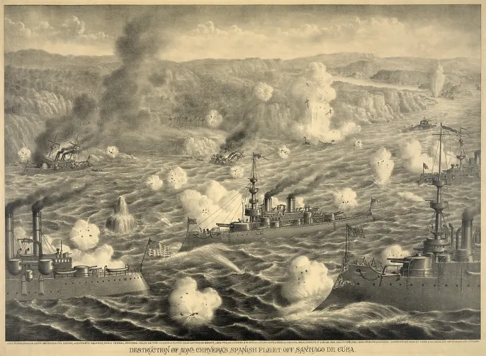 Framed Print : Destruction of Spanish fleet after it left Santiago Bay on July 3, 1898 Framed Print : Destruction of Spanish fleet after it left Santiago Bay on July 3, 1898