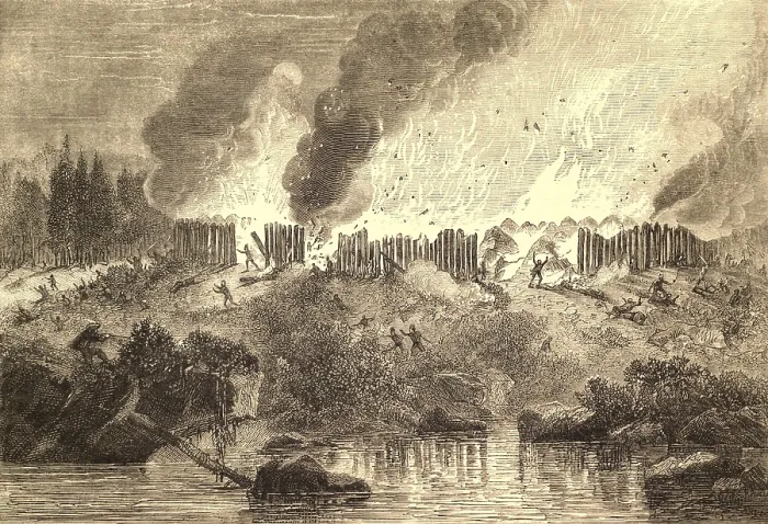 Framed Print : The destruction of the town with all of its Pequot Indian inhabitants occurred during the Pequot War of May 1637