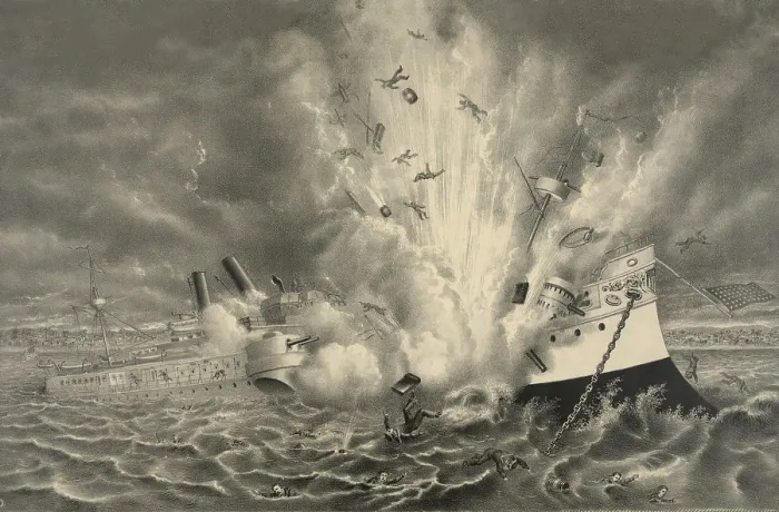 Framed Print : Destruction of the U.S. battleship Maine in Havana Harbor Feb. 15, 1898. (BSLOC_2017_10_13)