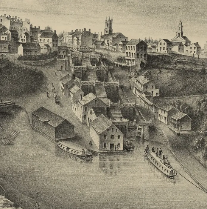 Framed Print : Detailed view of the largest lock complex on the Erie Canal, at Lockport, in western New York State. c.1840-60 (BSLOC_2019_7_105) Framed Print : Detailed view of the largest lock complex on the Erie Canal, at Lockport, in western New York State. c.1840-60 (BSLOC_2019_7_105)