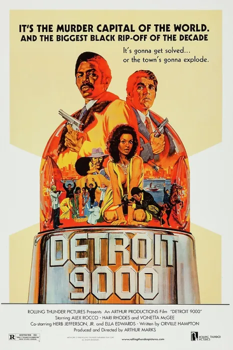 Framed Print : DETROIT 9000, (aka POLICE CALL 9000), US poster art, top: Hari Rhodes, Alex Rocco; center: Vonetta McGee, 1973