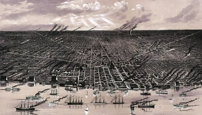Framed Print : Detroit. Birds eye view--showing about three miles square--of the central portion of the city of Detroit, Michigan. Color lithograph, ca. 1889