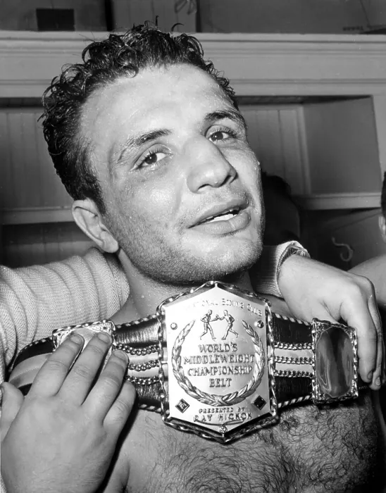Framed Print : DETROIT, MICH.: Jake LaMotta is awarded the belt that is the symbol of the middleweight championship after he defeated MArcel Cerdan of France in a title bout, June 16, 1949