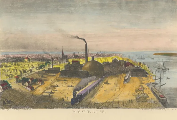 Framed Print : Detroit, Michigan, ca. 1855. A railroad depot has a domed roundhouse, and a train departing the waterfront pier Framed Print : Detroit, Michigan, ca. 1855. A railroad depot has a domed roundhouse, and a train departing the waterfront pier