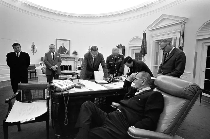 Framed Print : Detroit riots crisis meeting. President Lyndon Johnson meeting with (L-R): Marvin Watson, J. Edgar Hoover, Robert McNamara, General Harold Johnson, Joe Califano, Sec Framed Print : Detroit riots crisis meeting. President Lyndon Johnson meeting with (L-R): Marvin Watson, J. Edgar Hoover, Robert McNamara, General Harold Johnson, Joe Califano, Sec