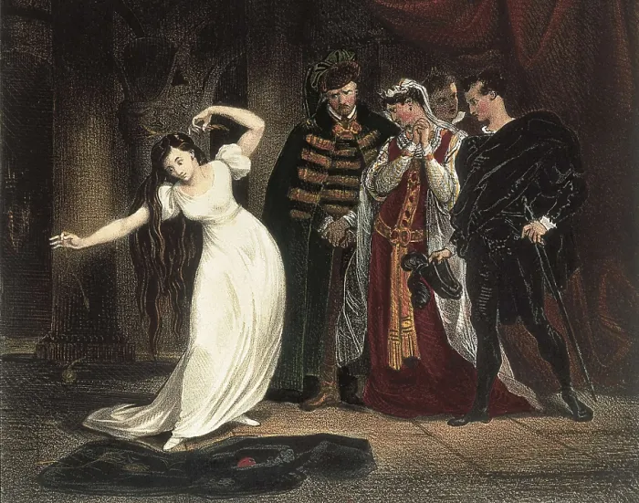Framed Print : DEVERIA, Eugne (1805-1865); SHAKESPEARE, William (1564-1616). Scene from William Shakespeare's 'Hamlet' with Ophelia, King Claudius, Queen Gertrude and Laertes